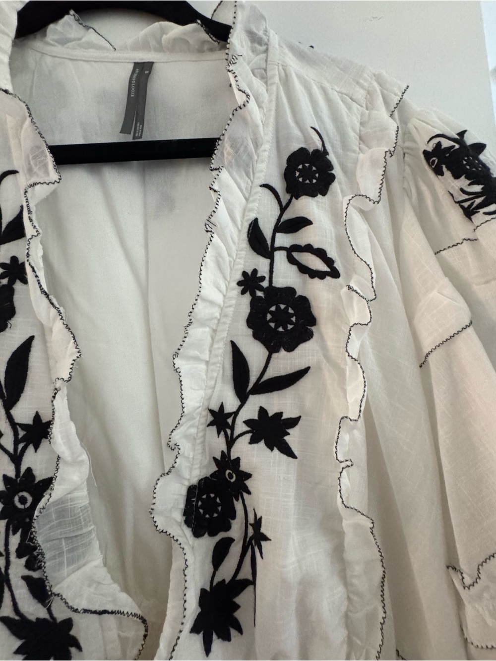 Anthropologie White Mini Dress with Black Floral Embroidery and Ruffled Tiers - Picture 2 of 7